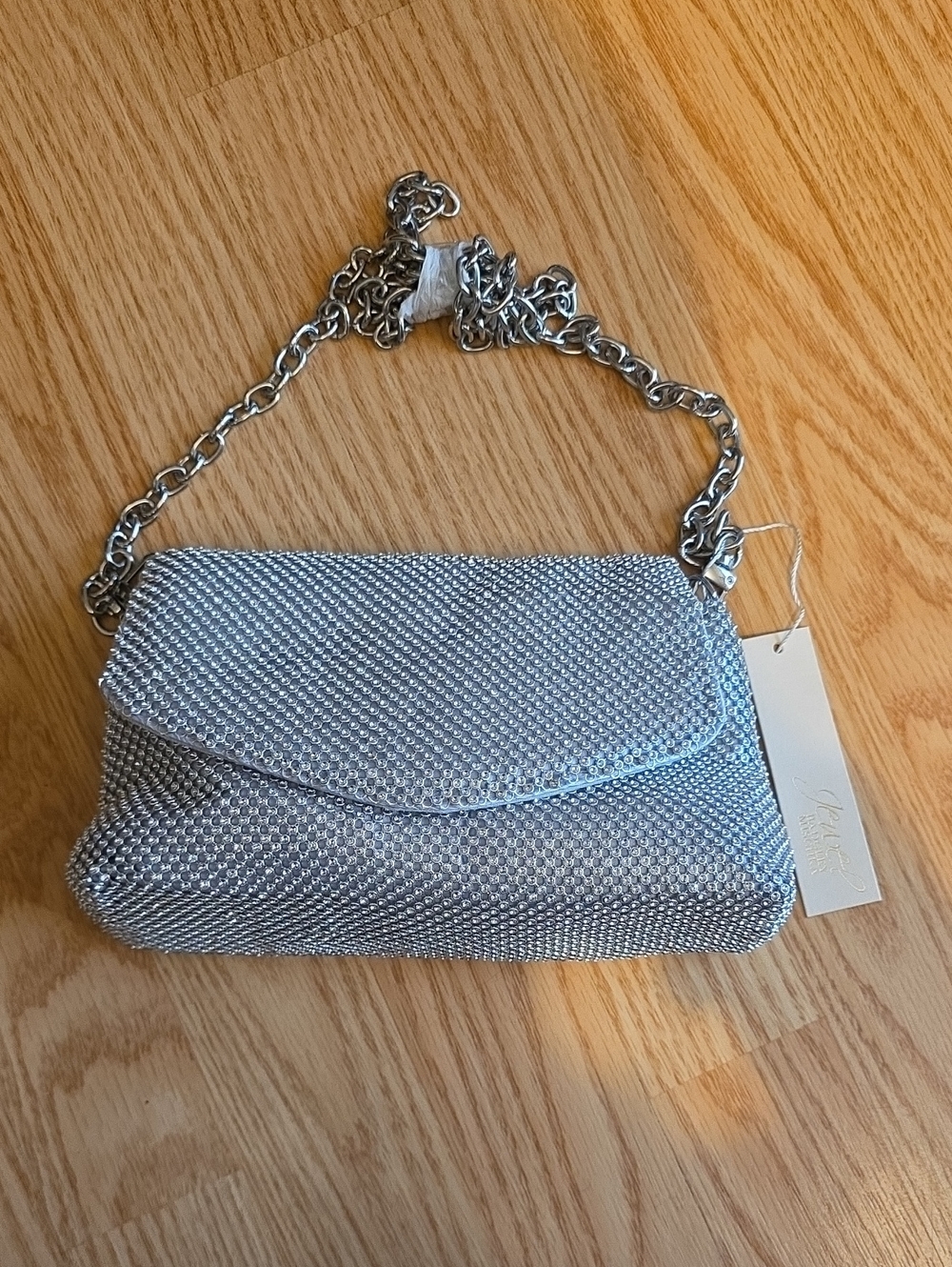 Jewel Badgley Mischka Silver Crystal Mesh Chain Crossbody Bag